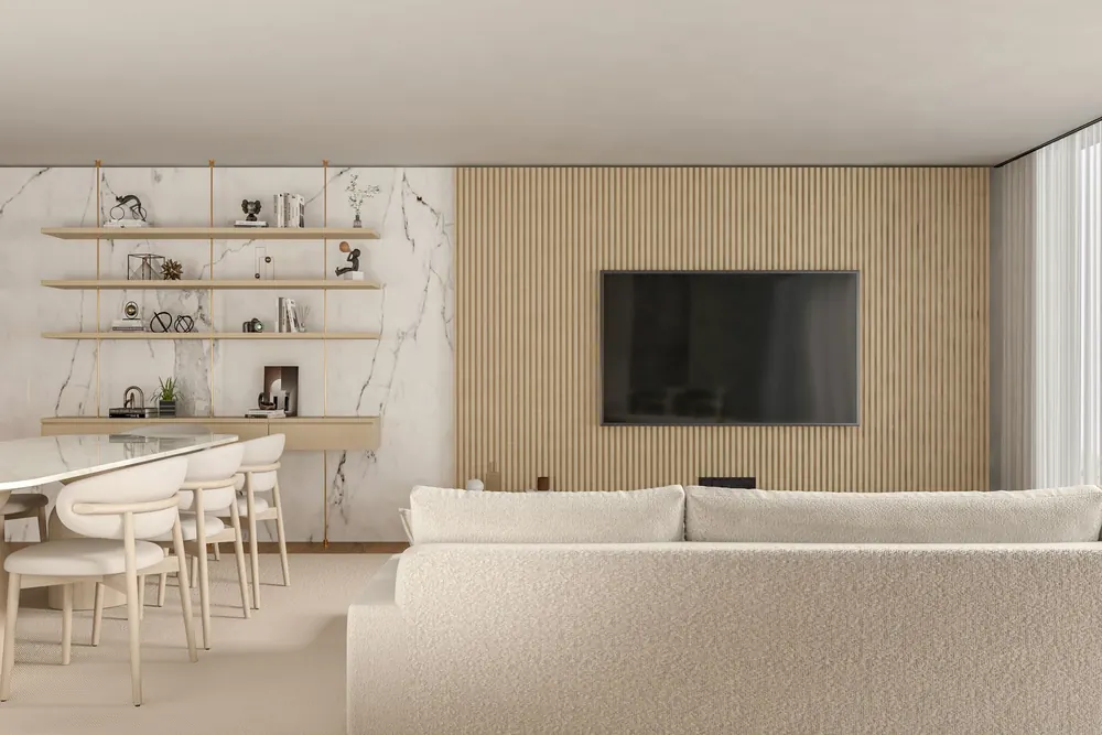 Living remodelado con paneles de madera clara
